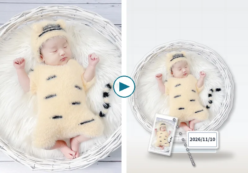 赤ちゃんの写真から作ったアクリルスタンドの例（左：元の写真、右：アクスタ本体・台座・名前板・キーホルダーの完成イメージ）