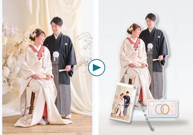 結婚式の写真から作ったアクリルスタンドの例（左：元の写真、右：アクスタ本体・台座・名前板・キーホルダーの完成イメージ）